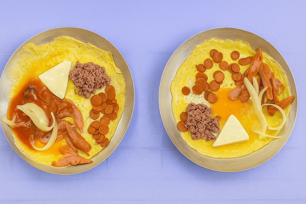 The highlight of the dish is the combination of two types of eggs and two types of sausages, served in a sizzling hot pan